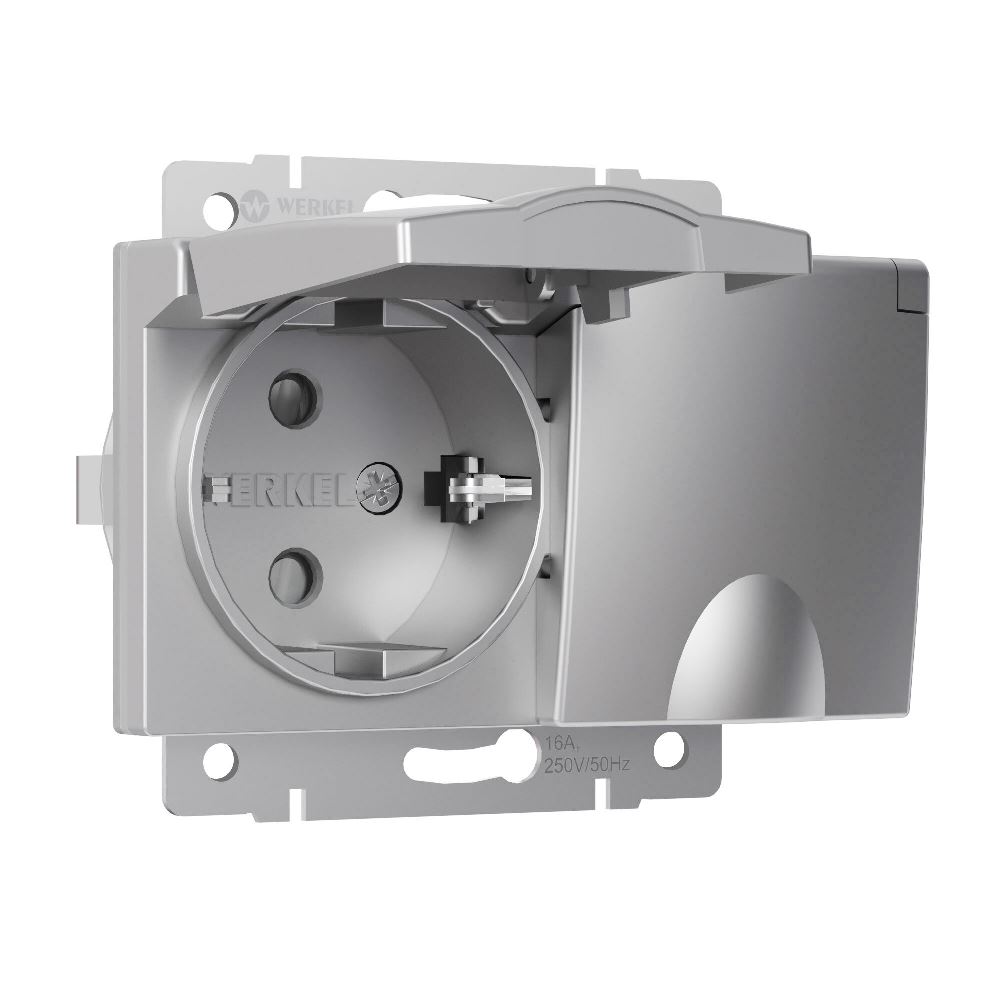 Розетка встраиваемая двойная влагозащищенная Werkel с заземлением, шторками и защитной крышкой Серебряный W1172206