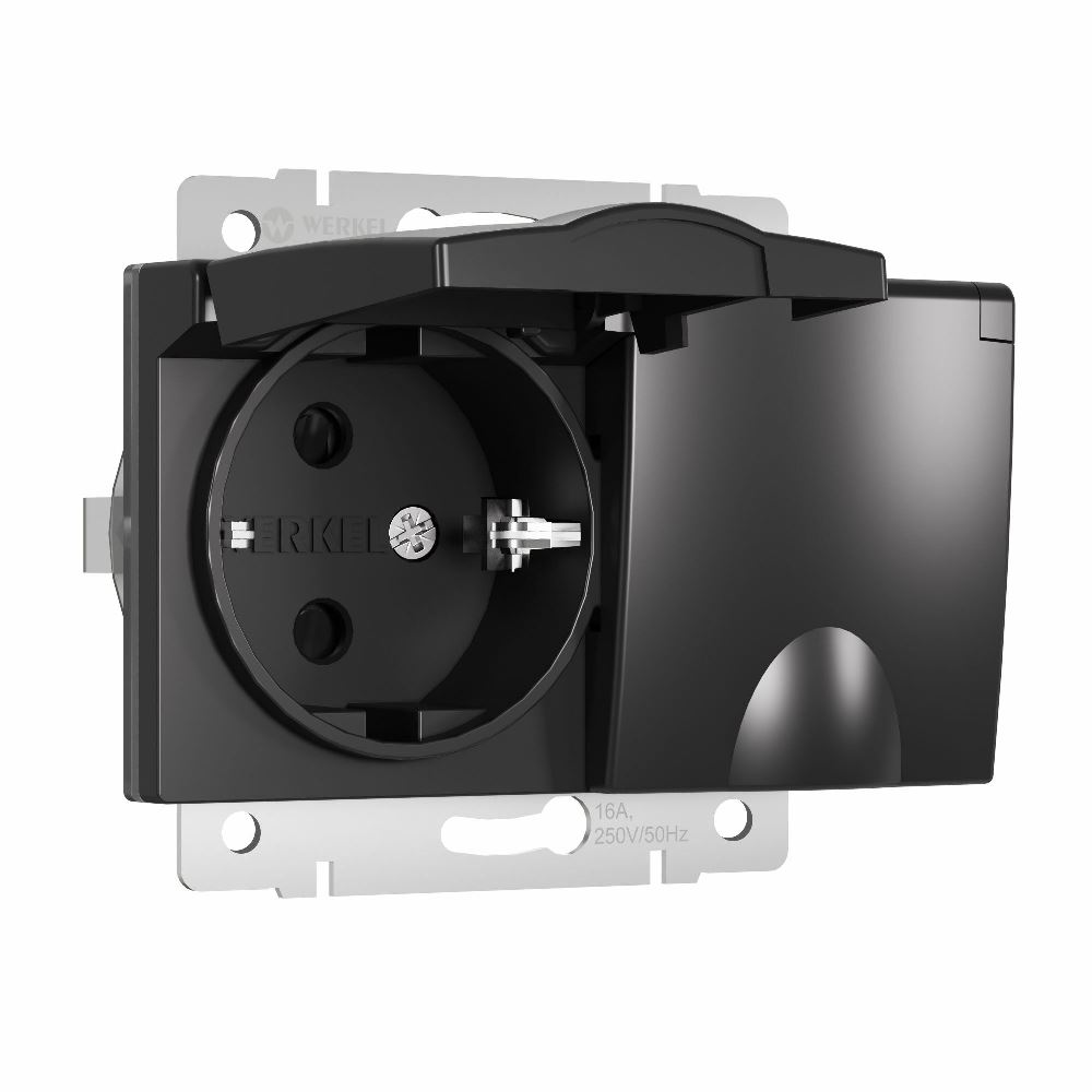 Розетка встраиваемая двойная влагозащищенная Werkel с заземлением, шторками и защитной крышкой Черный матовый W1172208