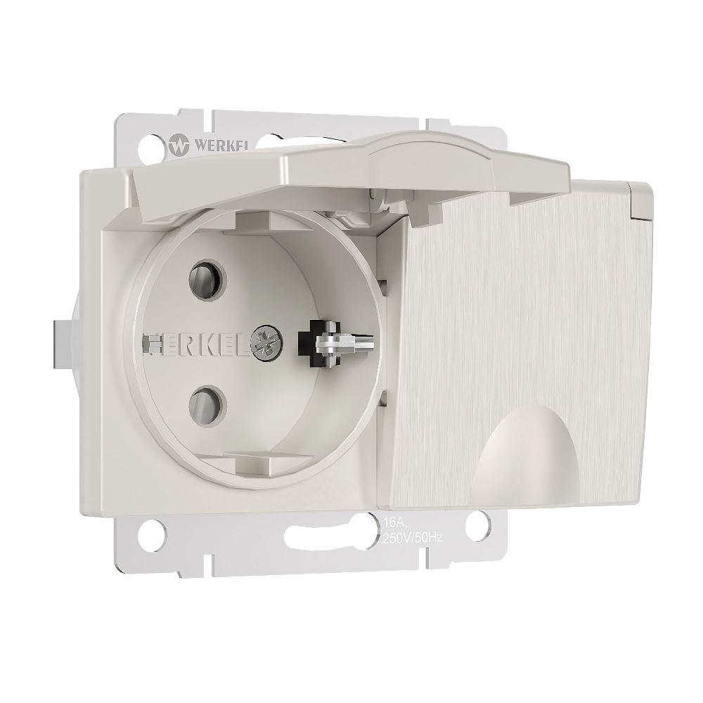 Розетка встраиваемая двойная влагозащищенная Werkel с заземлением, шторками и защитной крышкой Перламутровый рифленый W1172213