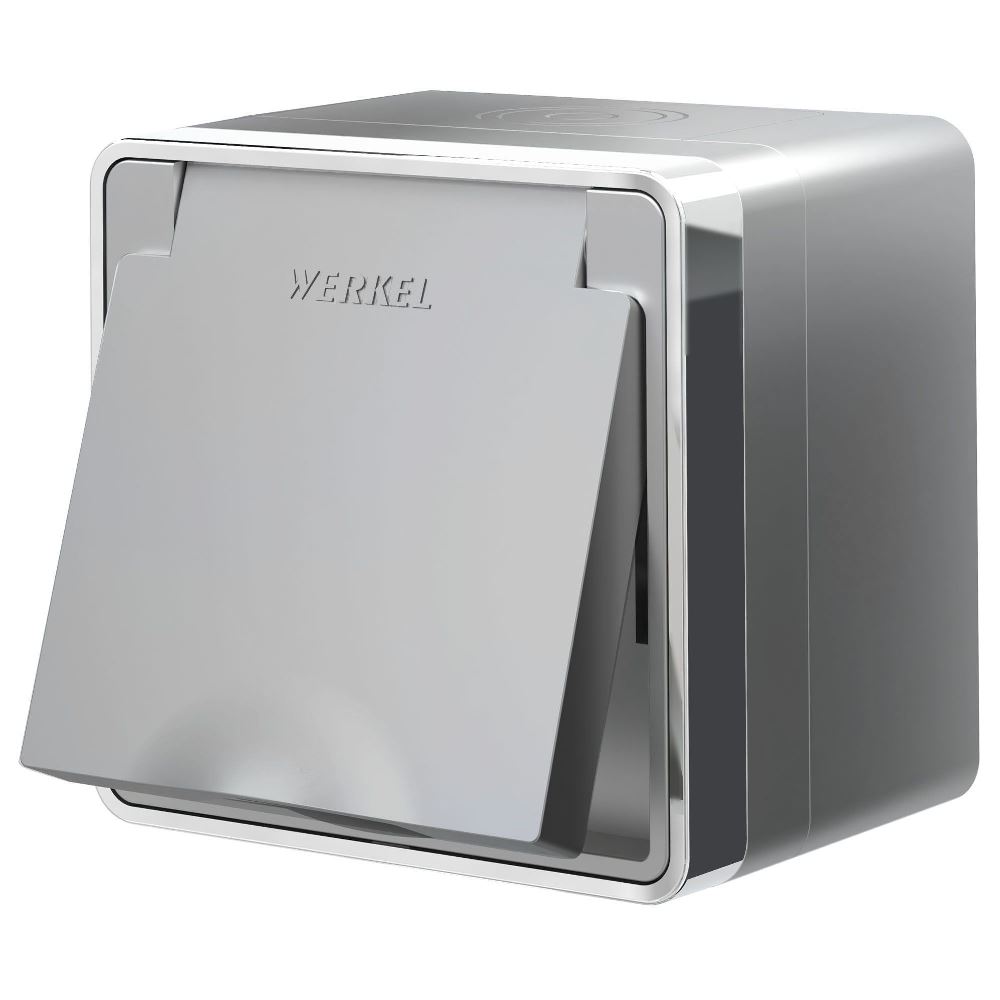 Розетка накладная влагозащищенная Werkel Gallant с заземлением, шторками и защитной крышкой Серебряный W5071206