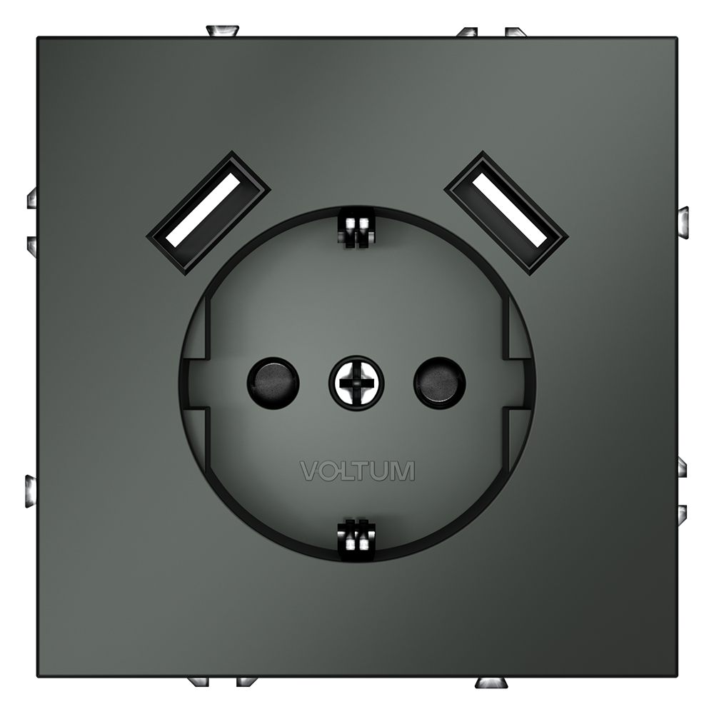 Розетка встраиваемая Voltum S70 с заземлением, шторками и USB A+A Титан VLS040406