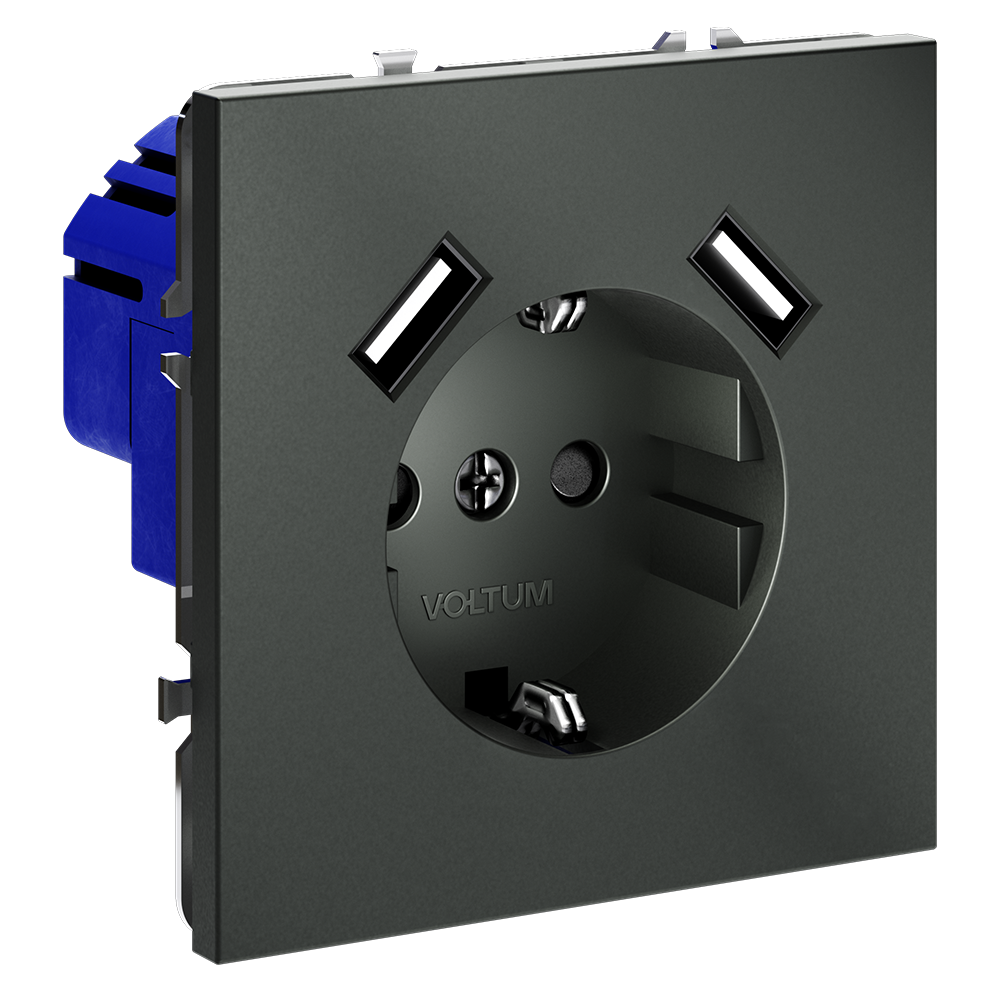 Розетка встраиваемая Voltum S70 с заземлением, шторками и USB A+A Титан VLS040406 — изображение 2