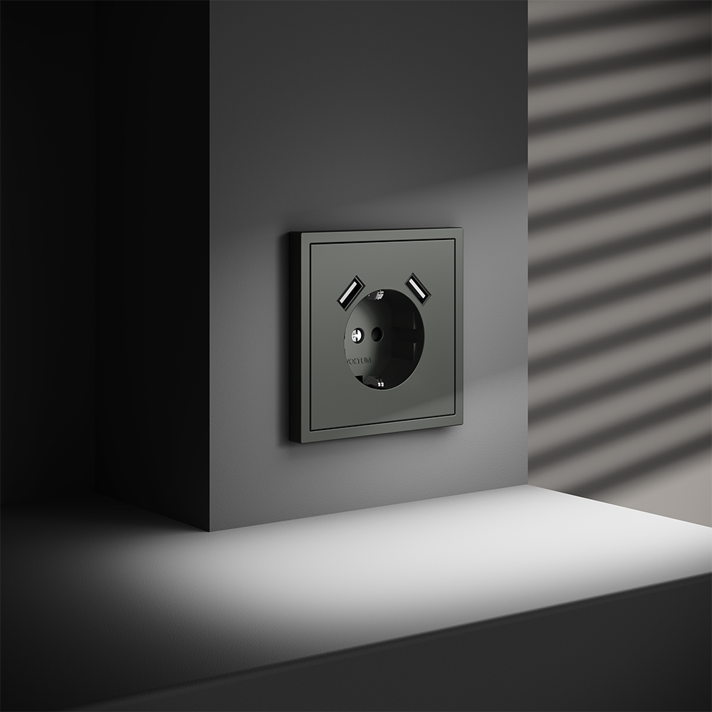 Розетка встраиваемая Voltum S70 с заземлением, шторками и USB A+A Титан VLS040406 — изображение 5