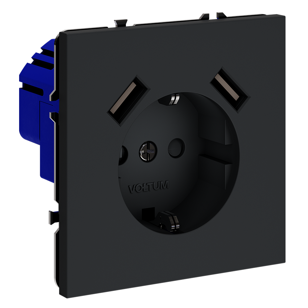 Розетка встраиваемая Voltum S70 с заземлением, шторками и USB A+A Графит VLS040407 — изображение 2