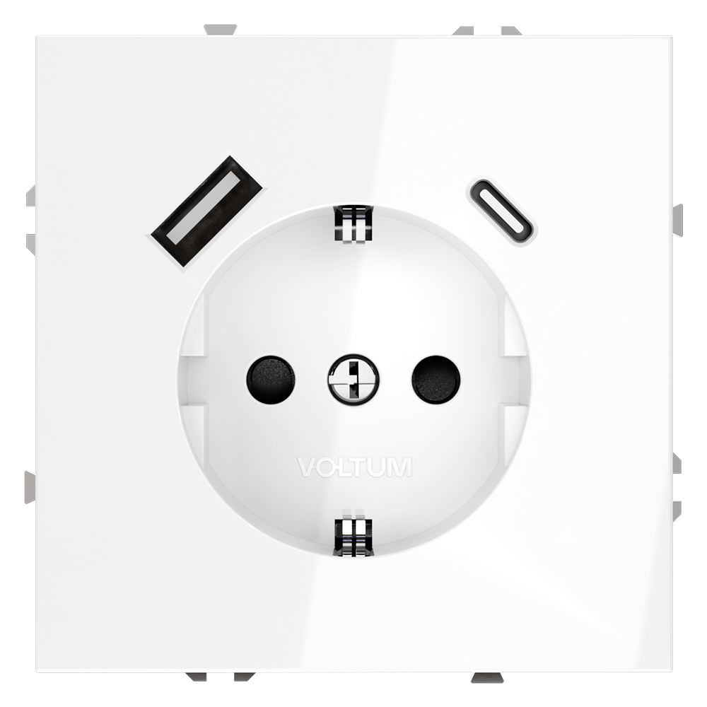 Розетка встраиваемая Voltum S70 с заземлением, шторками и USB A+C Белый Глянцевый VLS040501
