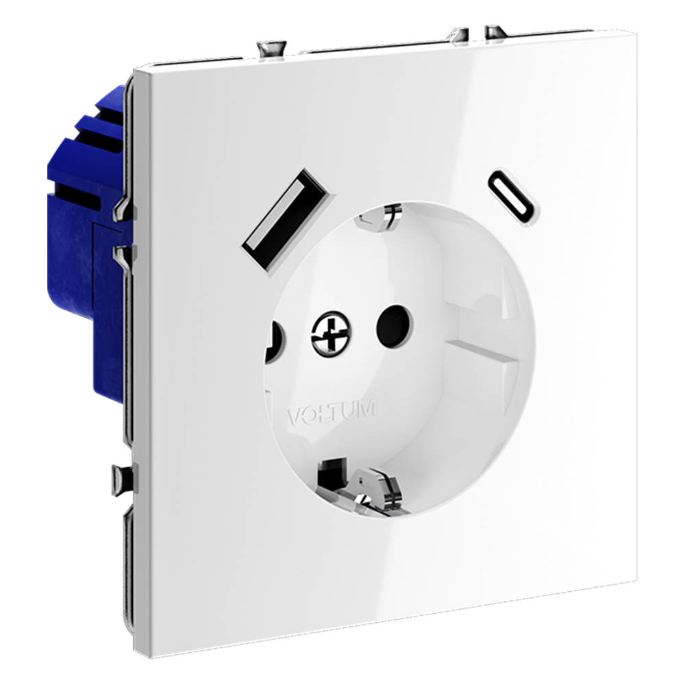 Розетка встраиваемая Voltum S70 с заземлением, шторками и USB A+C Белый Глянцевый VLS040501 — изображение 2
