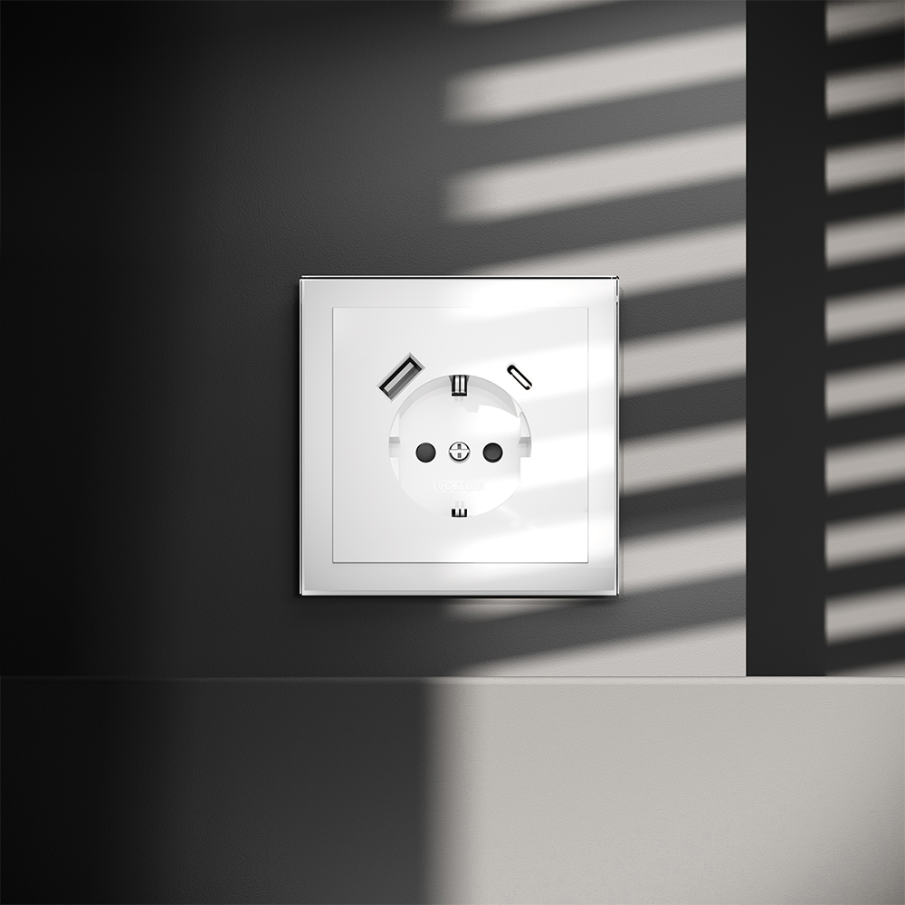 Розетка встраиваемая Voltum S70 с заземлением, шторками и USB A+C Белый Глянцевый VLS040501 — изображение 4