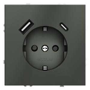 Розетка встраиваемая Voltum S70 с заземлением, шторками и USB A+C Титан VLS040506